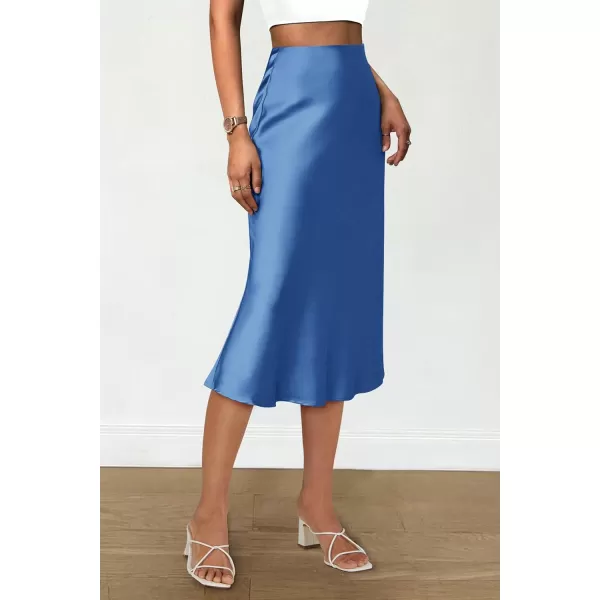 imagePRETTYGARDEN Womens Midi Skirts 2024 Summer Dressy Casual High Waisted Ruffle A Line Silk Satin SkirtsBlue