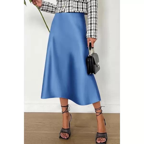 imagePRETTYGARDEN Womens Midi Skirts 2024 Summer Dressy Casual High Waisted Ruffle A Line Silk Satin SkirtsBlue