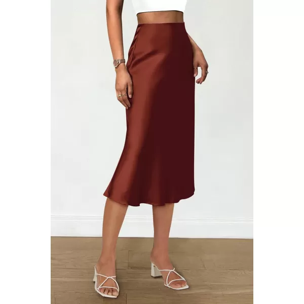 imagePRETTYGARDEN Womens Midi Skirts 2024 Summer Dressy Casual High Waisted Ruffle A Line Silk Satin SkirtsBrown
