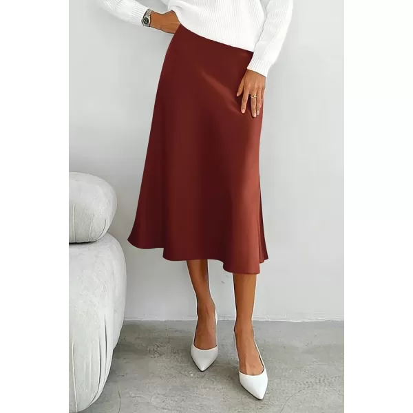 imagePRETTYGARDEN Womens Midi Skirts 2024 Summer Dressy Casual High Waisted Ruffle A Line Silk Satin SkirtsBrown