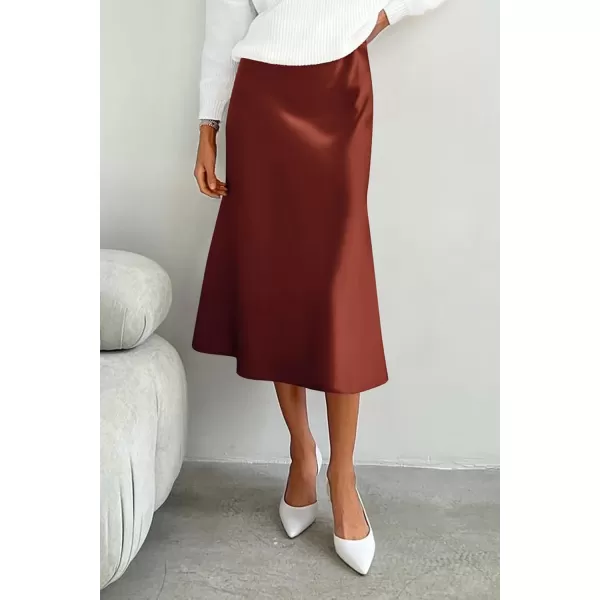 imagePRETTYGARDEN Womens Midi Skirts 2024 Summer Dressy Casual High Waisted Ruffle A Line Silk Satin SkirtsBrown