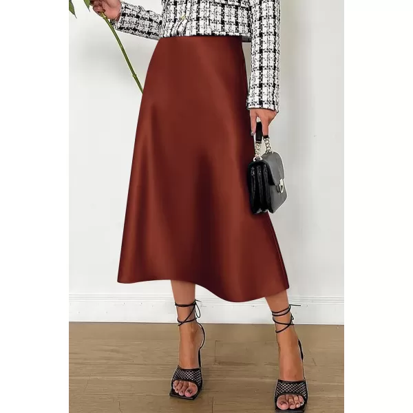imagePRETTYGARDEN Womens Midi Skirts 2024 Summer Dressy Casual High Waisted Ruffle A Line Silk Satin SkirtsBrown