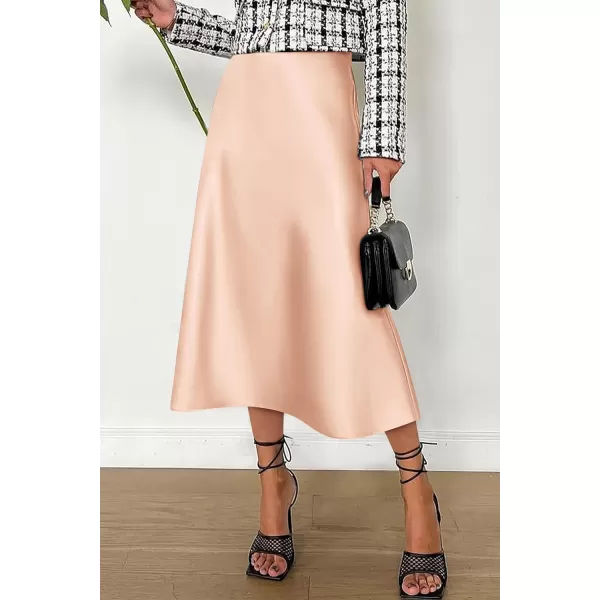 imagePRETTYGARDEN Womens Midi Skirts 2024 Summer Dressy Casual High Waisted Ruffle A Line Silk Satin SkirtsChampagne