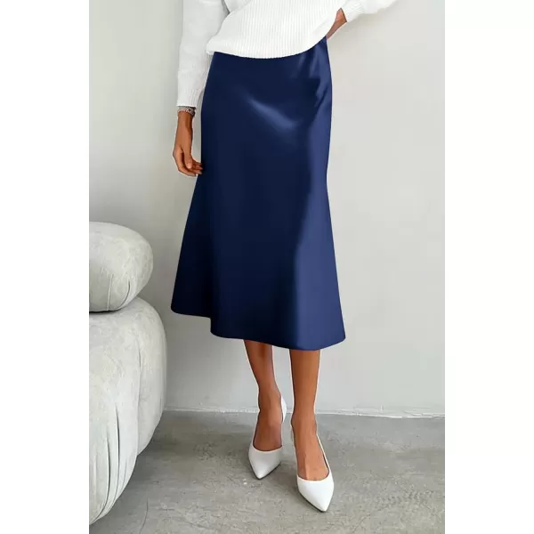 imagePRETTYGARDEN Womens Midi Skirts 2024 Summer Dressy Casual High Waisted Ruffle A Line Silk Satin SkirtsNavy