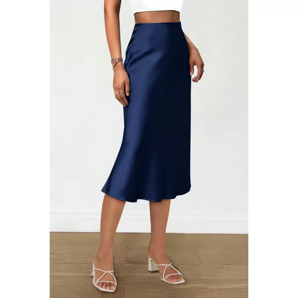 imagePRETTYGARDEN Womens Midi Skirts 2024 Summer Dressy Casual High Waisted Ruffle A Line Silk Satin SkirtsNavy