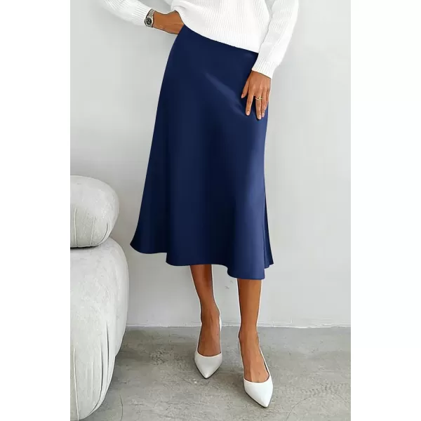 imagePRETTYGARDEN Womens Midi Skirts 2024 Summer Dressy Casual High Waisted Ruffle A Line Silk Satin SkirtsNavy