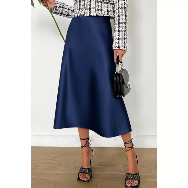 imagePRETTYGARDEN Womens Midi Skirts 2024 Summer Dressy Casual High Waisted Ruffle A Line Silk Satin SkirtsNavy