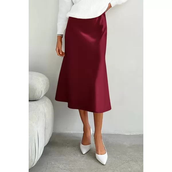 imagePRETTYGARDEN Womens Midi Skirts 2024 Summer Dressy Casual High Waisted Ruffle A Line Silk Satin SkirtsWine Red