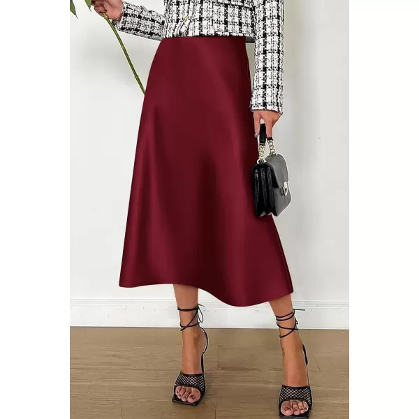 imagePRETTYGARDEN Womens Midi Skirts 2024 Summer Dressy Casual High Waisted Ruffle A Line Silk Satin SkirtsWine Red
