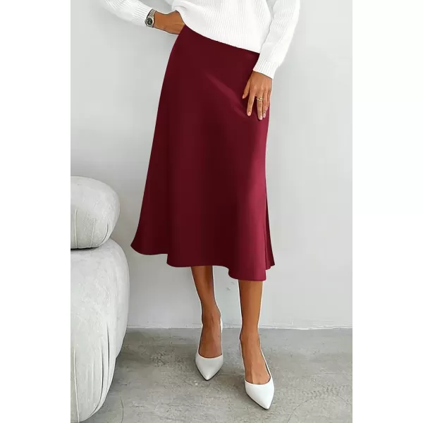 imagePRETTYGARDEN Womens Midi Skirts 2024 Summer Dressy Casual High Waisted Ruffle A Line Silk Satin SkirtsWine Red