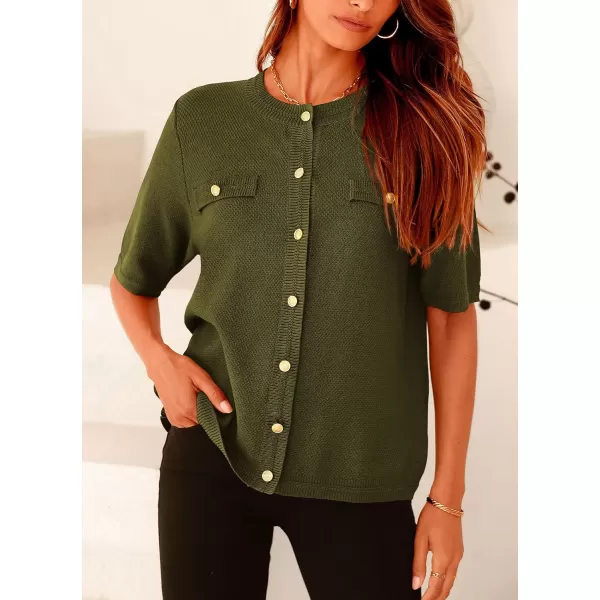 imagePRETTYGARDEN Womens Summer Button Down Shirts Casual Short Sleeve Crew Neck Ribbed Knit Blouse Top CardigansArmy Green