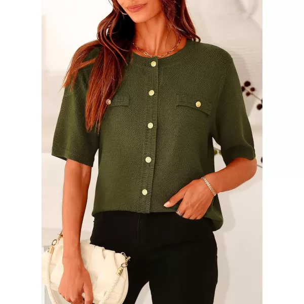 imagePRETTYGARDEN Womens Summer Button Down Shirts Casual Short Sleeve Crew Neck Ribbed Knit Blouse Top CardigansArmy Green