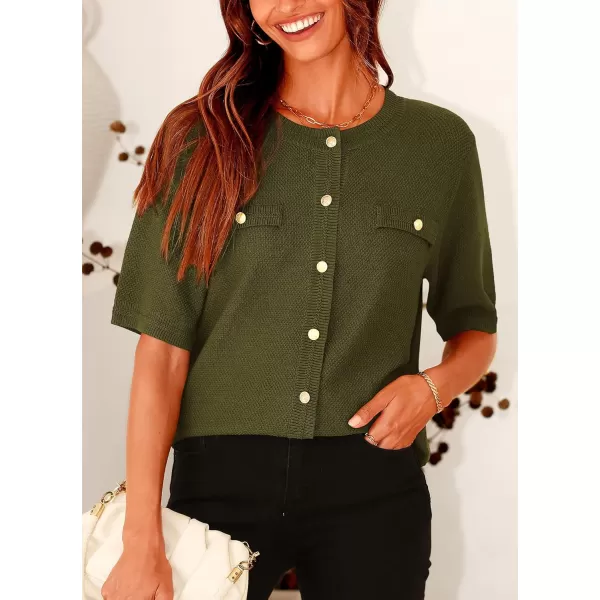 imagePRETTYGARDEN Womens Summer Button Down Shirts Casual Short Sleeve Crew Neck Ribbed Knit Blouse Top CardigansArmy Green