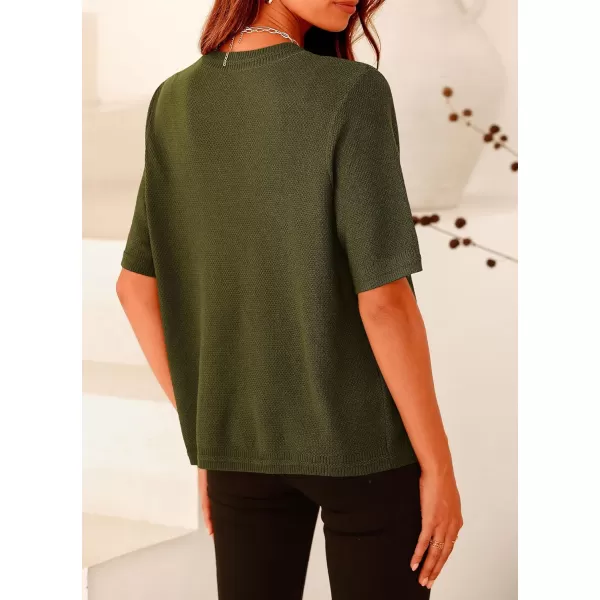 imagePRETTYGARDEN Womens Summer Button Down Shirts Casual Short Sleeve Crew Neck Ribbed Knit Blouse Top CardigansArmy Green