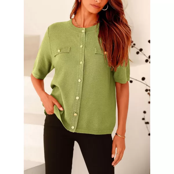 imagePRETTYGARDEN Womens Summer Button Down Shirts Casual Short Sleeve Crew Neck Ribbed Knit Blouse Top CardigansAvocado Green