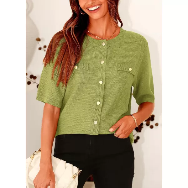 imagePRETTYGARDEN Womens Summer Button Down Shirts Casual Short Sleeve Crew Neck Ribbed Knit Blouse Top CardigansAvocado Green