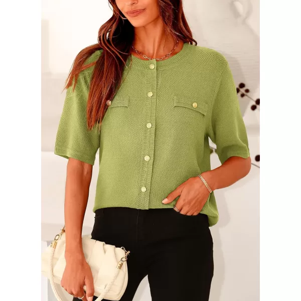 imagePRETTYGARDEN Womens Summer Button Down Shirts Casual Short Sleeve Crew Neck Ribbed Knit Blouse Top CardigansAvocado Green