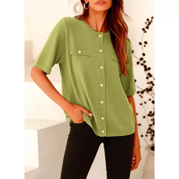 imagePRETTYGARDEN Womens Summer Button Down Shirts Casual Short Sleeve Crew Neck Ribbed Knit Blouse Top CardigansAvocado Green