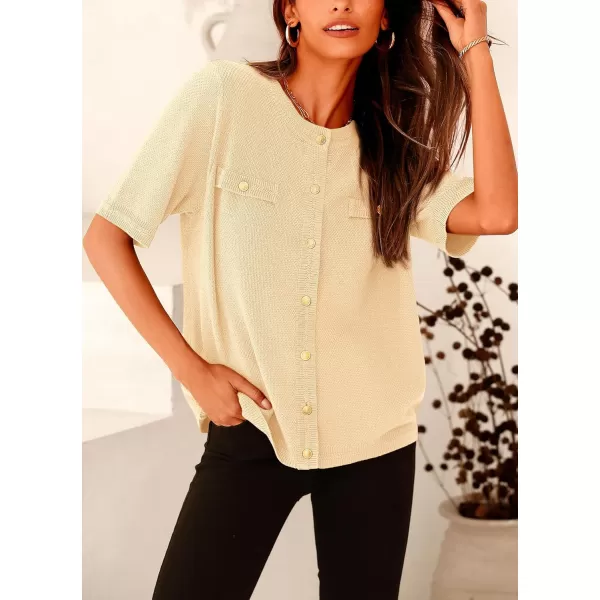 imagePRETTYGARDEN Womens Summer Button Down Shirts Casual Short Sleeve Crew Neck Ribbed Knit Blouse Top CardigansBeige
