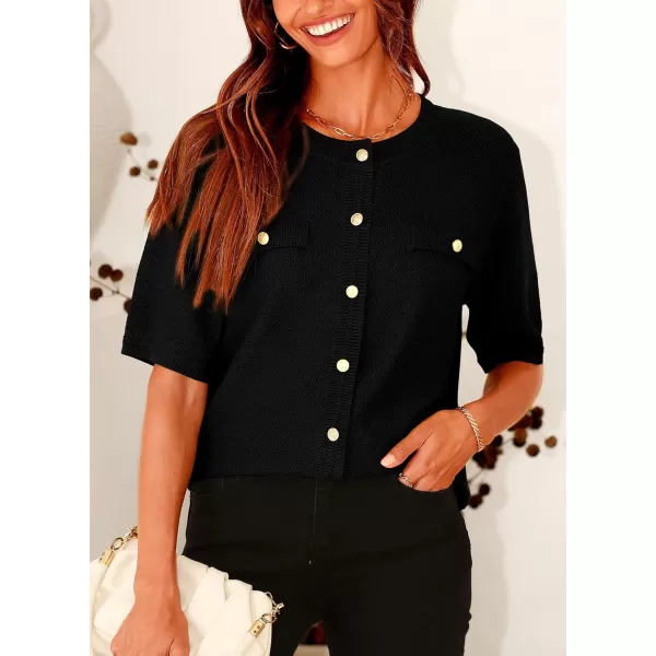 imagePRETTYGARDEN Womens Summer Button Down Shirts Casual Short Sleeve Crew Neck Ribbed Knit Blouse Top CardigansBlack