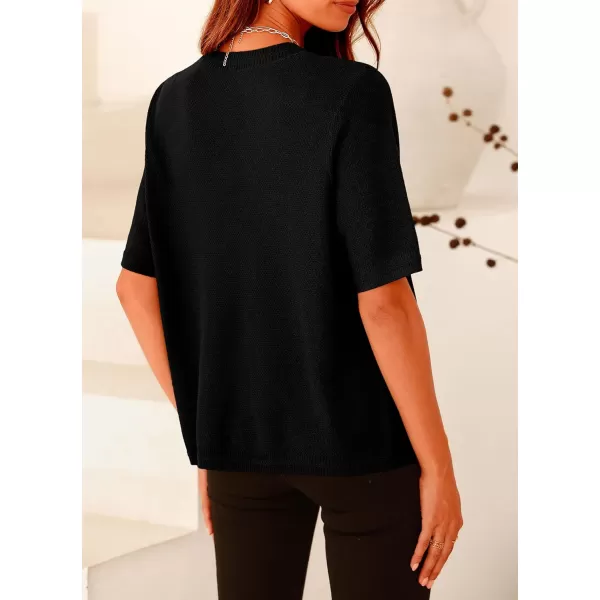 imagePRETTYGARDEN Womens Summer Button Down Shirts Casual Short Sleeve Crew Neck Ribbed Knit Blouse Top CardigansBlack