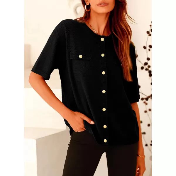 imagePRETTYGARDEN Womens Summer Button Down Shirts Casual Short Sleeve Crew Neck Ribbed Knit Blouse Top CardigansBlack