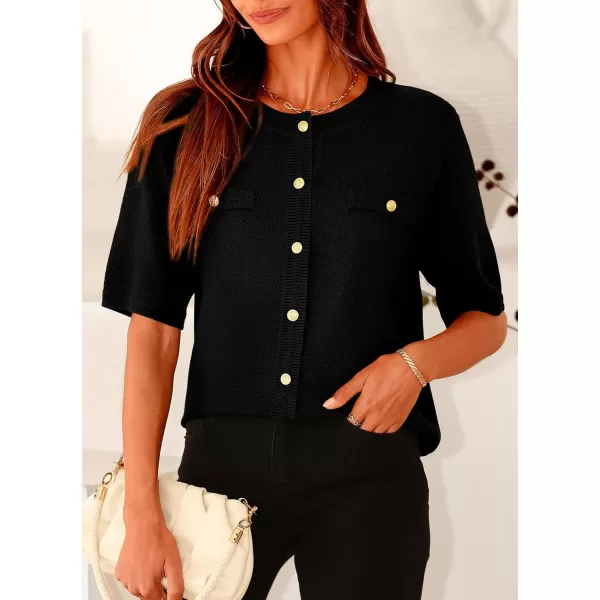 imagePRETTYGARDEN Womens Summer Button Down Shirts Casual Short Sleeve Crew Neck Ribbed Knit Blouse Top CardigansBlack