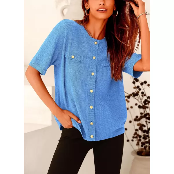 imagePRETTYGARDEN Womens Summer Button Down Shirts Casual Short Sleeve Crew Neck Ribbed Knit Blouse Top CardigansBlue