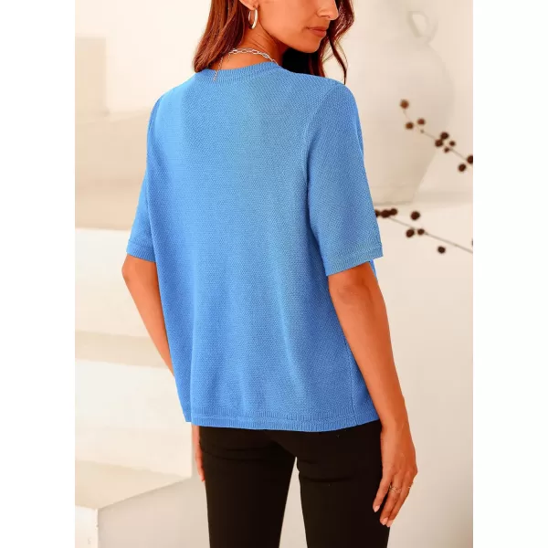imagePRETTYGARDEN Womens Summer Button Down Shirts Casual Short Sleeve Crew Neck Ribbed Knit Blouse Top CardigansBlue