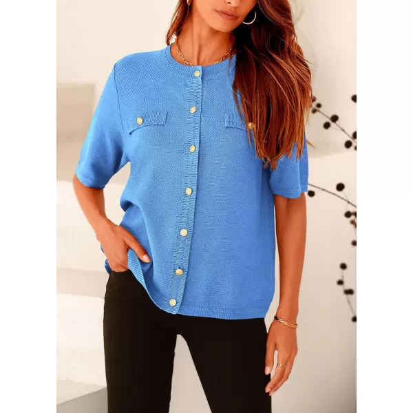 imagePRETTYGARDEN Womens Summer Button Down Shirts Casual Short Sleeve Crew Neck Ribbed Knit Blouse Top CardigansBlue