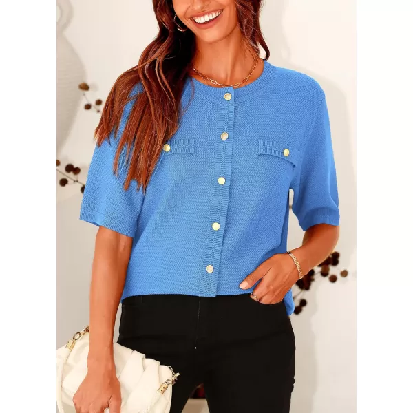 imagePRETTYGARDEN Womens Summer Button Down Shirts Casual Short Sleeve Crew Neck Ribbed Knit Blouse Top CardigansBlue