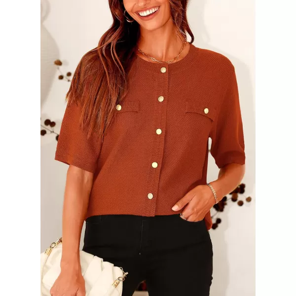 imagePRETTYGARDEN Womens Summer Button Down Shirts Casual Short Sleeve Crew Neck Ribbed Knit Blouse Top CardigansBrick Red