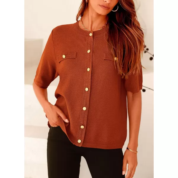 imagePRETTYGARDEN Womens Summer Button Down Shirts Casual Short Sleeve Crew Neck Ribbed Knit Blouse Top CardigansBrick Red