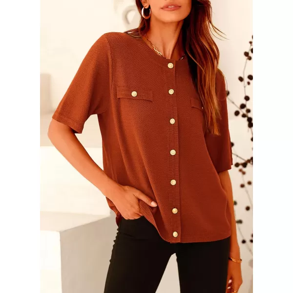 imagePRETTYGARDEN Womens Summer Button Down Shirts Casual Short Sleeve Crew Neck Ribbed Knit Blouse Top CardigansBrick Red