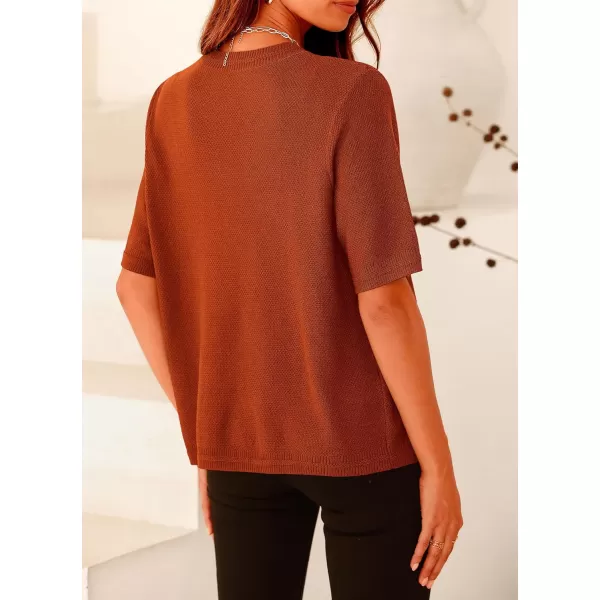 imagePRETTYGARDEN Womens Summer Button Down Shirts Casual Short Sleeve Crew Neck Ribbed Knit Blouse Top CardigansBrick Red