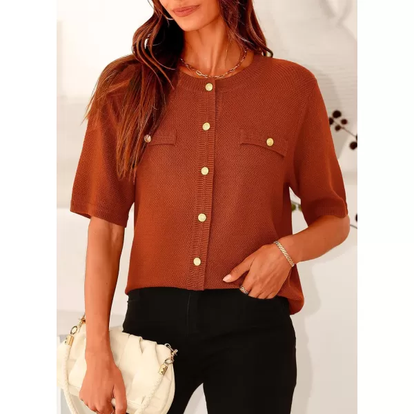 imagePRETTYGARDEN Womens Summer Button Down Shirts Casual Short Sleeve Crew Neck Ribbed Knit Blouse Top CardigansBrick Red