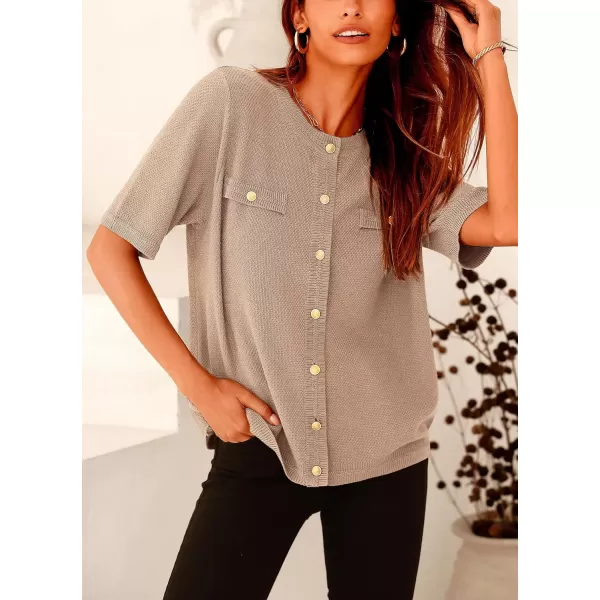 imagePRETTYGARDEN Womens Summer Button Down Shirts Casual Short Sleeve Crew Neck Ribbed Knit Blouse Top CardigansCamel