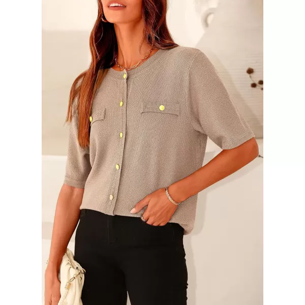 imagePRETTYGARDEN Womens Summer Button Down Shirts Casual Short Sleeve Crew Neck Ribbed Knit Blouse Top CardigansCamel