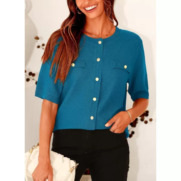 imagePRETTYGARDEN Womens Summer Button Down Shirts Casual Short Sleeve Crew Neck Ribbed Knit Blouse Top CardigansCyan