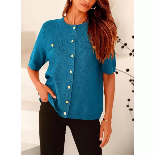 imagePRETTYGARDEN Womens Summer Button Down Shirts Casual Short Sleeve Crew Neck Ribbed Knit Blouse Top CardigansCyan