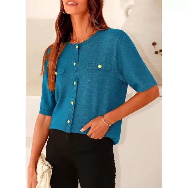 imagePRETTYGARDEN Womens Summer Button Down Shirts Casual Short Sleeve Crew Neck Ribbed Knit Blouse Top CardigansCyan