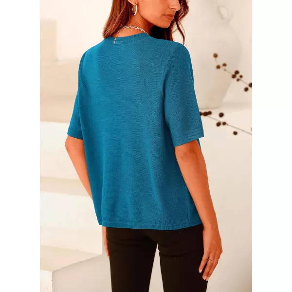imagePRETTYGARDEN Womens Summer Button Down Shirts Casual Short Sleeve Crew Neck Ribbed Knit Blouse Top CardigansCyan