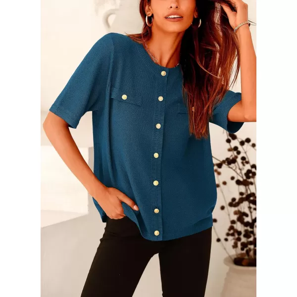 imagePRETTYGARDEN Womens Summer Button Down Shirts Casual Short Sleeve Crew Neck Ribbed Knit Blouse Top CardigansDark Blue