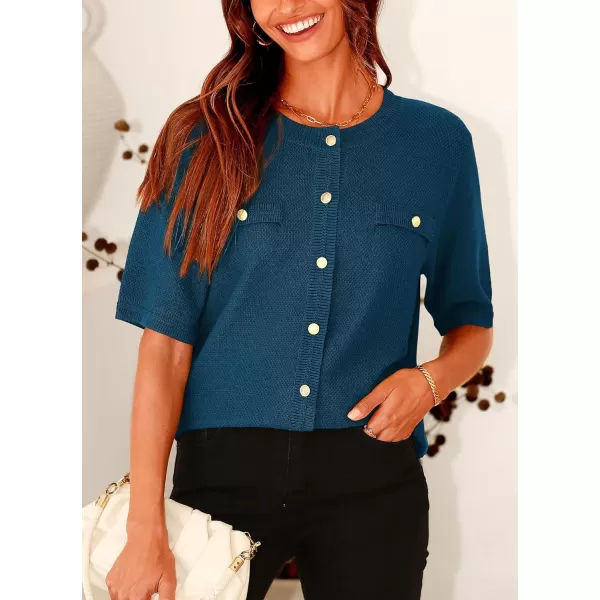 imagePRETTYGARDEN Womens Summer Button Down Shirts Casual Short Sleeve Crew Neck Ribbed Knit Blouse Top CardigansDark Blue