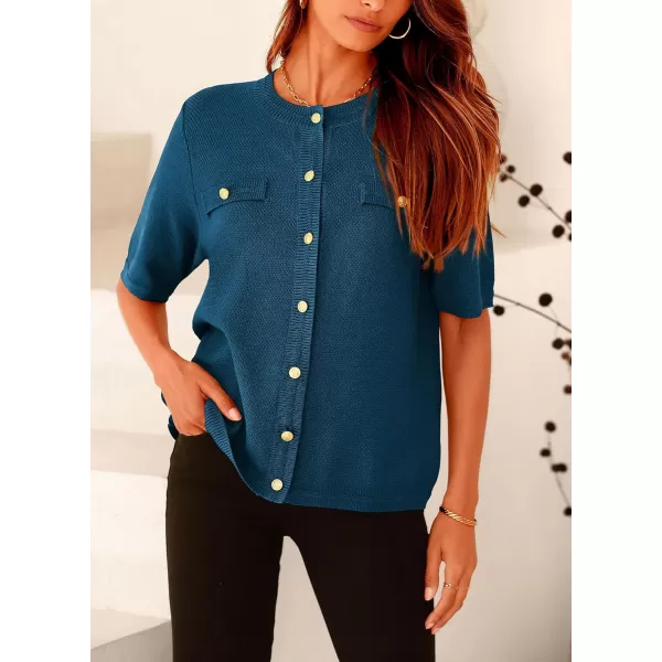 imagePRETTYGARDEN Womens Summer Button Down Shirts Casual Short Sleeve Crew Neck Ribbed Knit Blouse Top CardigansDark Blue