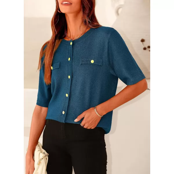 imagePRETTYGARDEN Womens Summer Button Down Shirts Casual Short Sleeve Crew Neck Ribbed Knit Blouse Top CardigansDark Blue