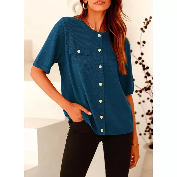 imagePRETTYGARDEN Womens Summer Button Down Shirts Casual Short Sleeve Crew Neck Ribbed Knit Blouse Top CardigansDark Blue