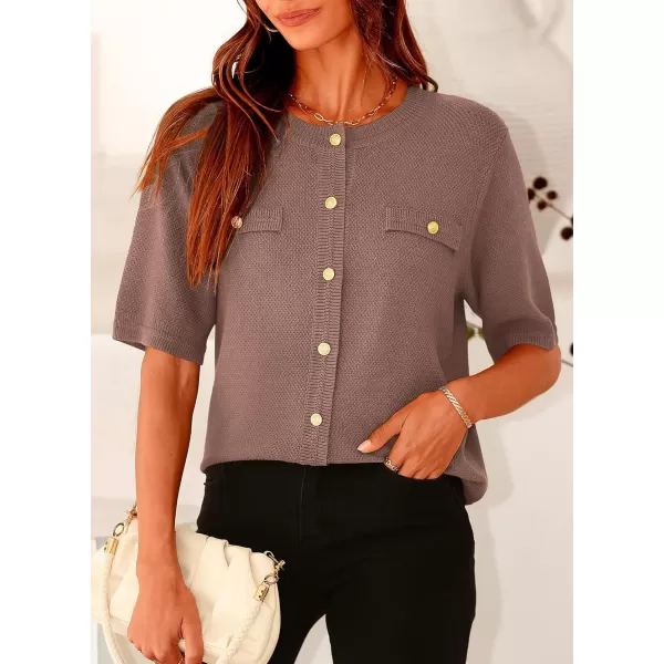 imagePRETTYGARDEN Womens Summer Button Down Shirts Casual Short Sleeve Crew Neck Ribbed Knit Blouse Top CardigansKhaki
