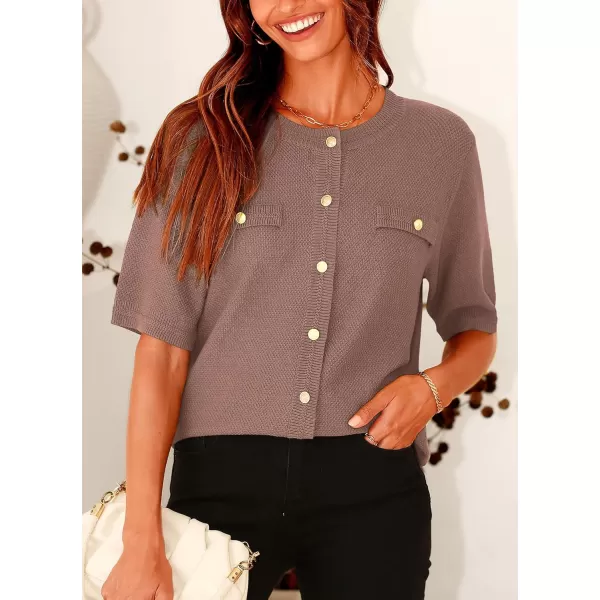 imagePRETTYGARDEN Womens Summer Button Down Shirts Casual Short Sleeve Crew Neck Ribbed Knit Blouse Top CardigansKhaki