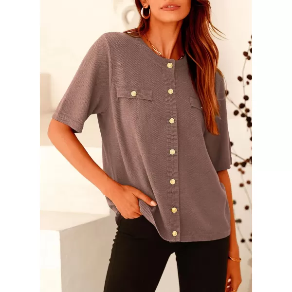 imagePRETTYGARDEN Womens Summer Button Down Shirts Casual Short Sleeve Crew Neck Ribbed Knit Blouse Top CardigansKhaki